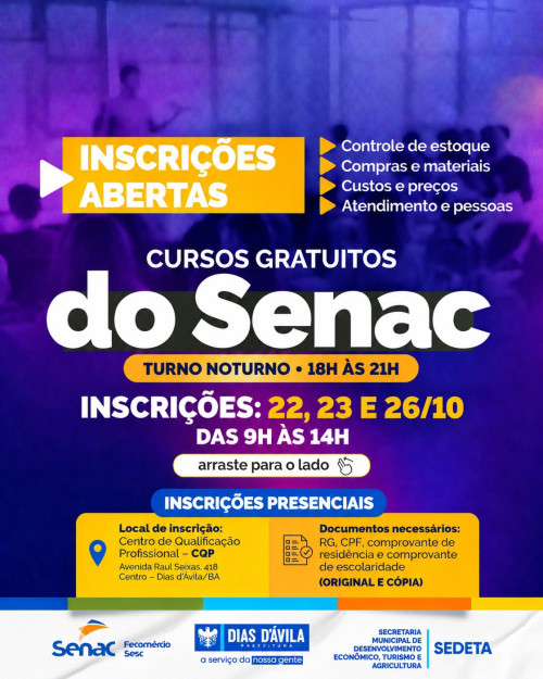 DIAS D’ÁVILA OFERECE CURSOS GRATUITOS EM PARCERIA COM O SENAC